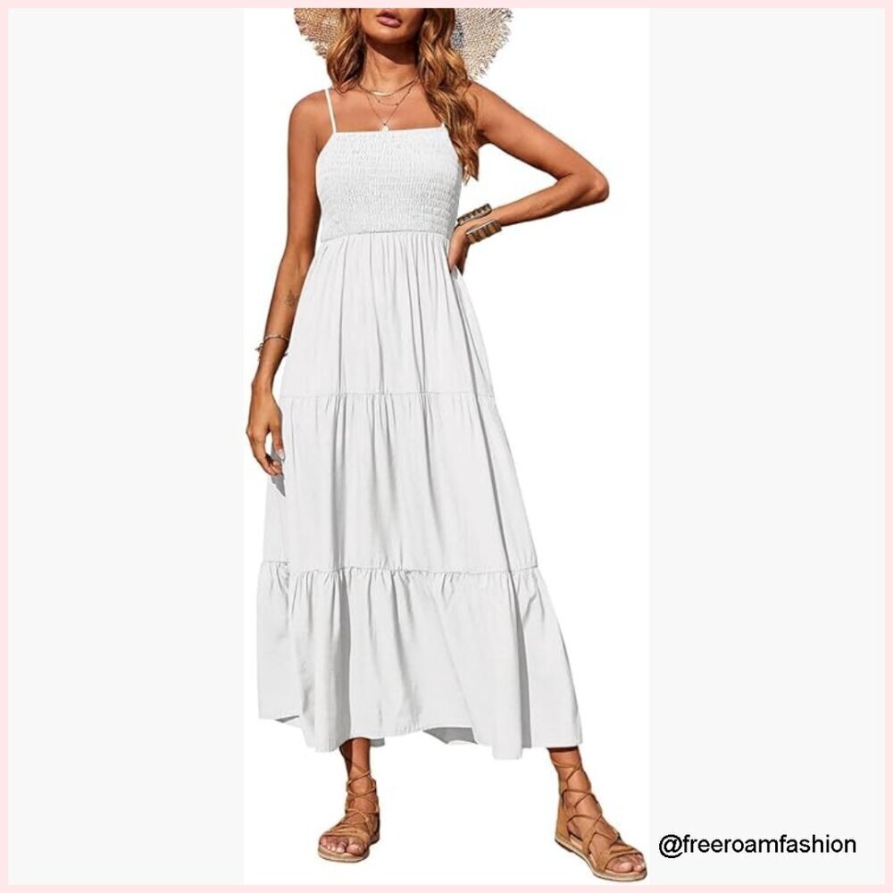 Women's Summer Maxi Dress Boho Sleeveless Spaghetti Strap Smocked Tiered Long